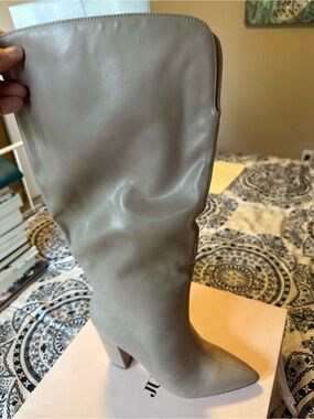 JustFab Mattison Taupe Pointed-Toe Knee-High Block Heel Boots
